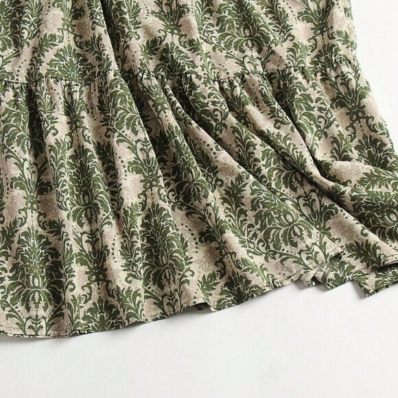 Multicolor Boho Women's Spaghetti Strap Leaf Print Ruffle Hem Maxi Slip Dress - Picture 6 of 7